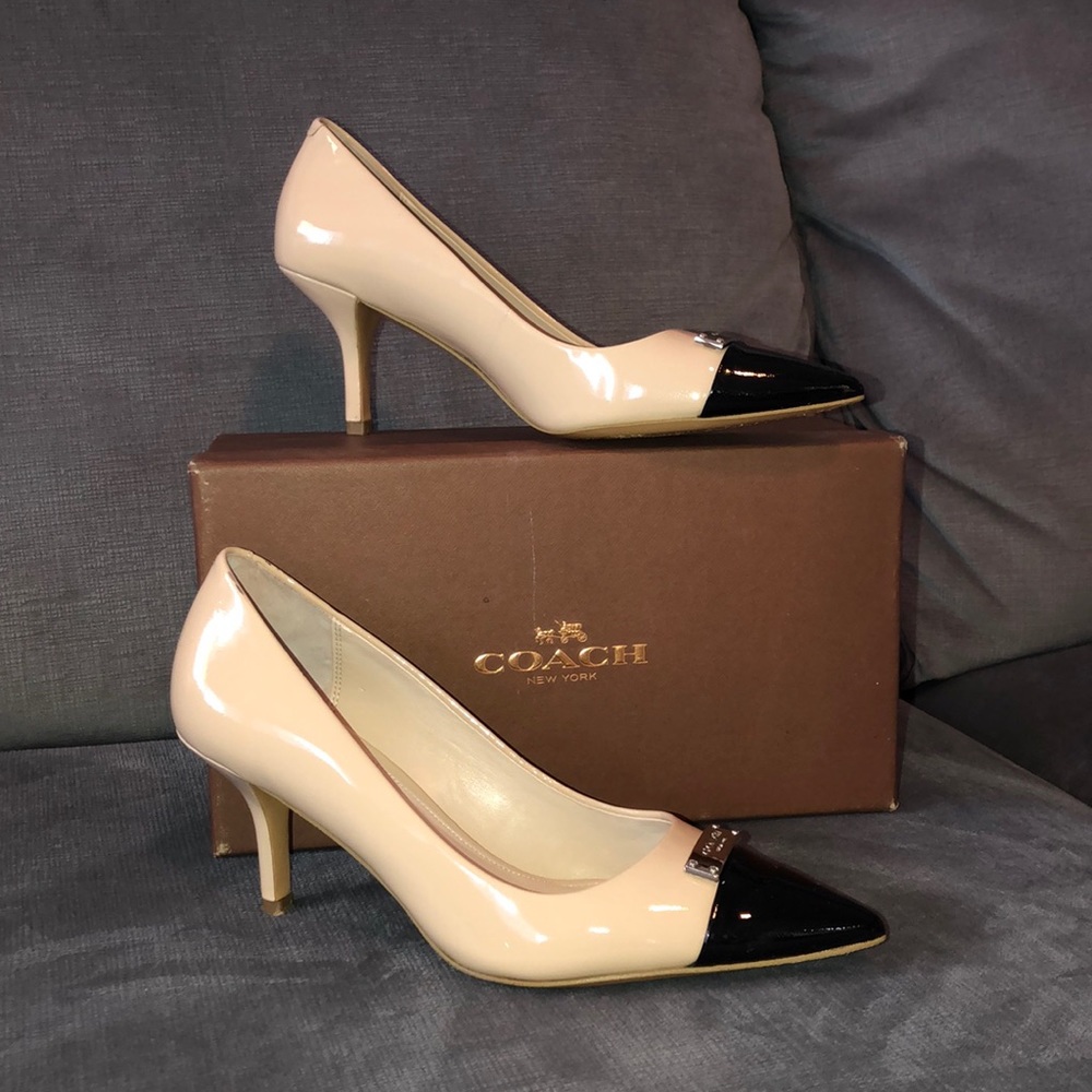 Zan Patent Tapioca/Black Coach Heels